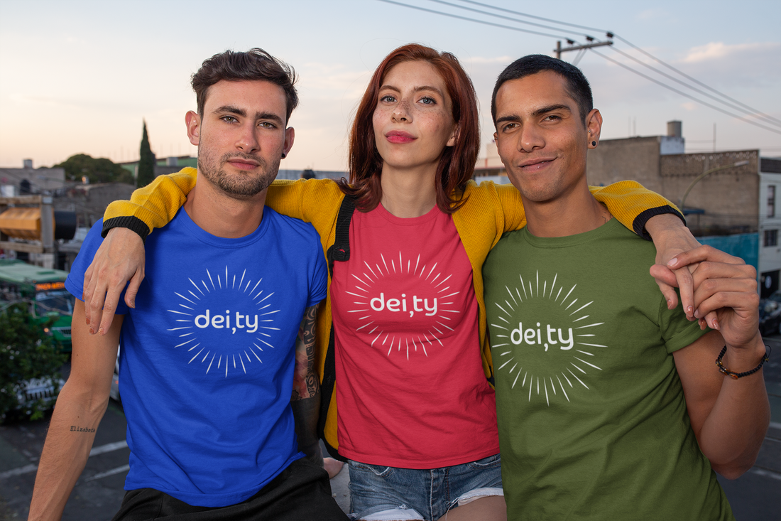 three friends in blue, red, and green varieties of the dei, ty shirt design